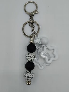 Handcrafted Black & White Peace Sign Beaded Keychain / Bag Charm